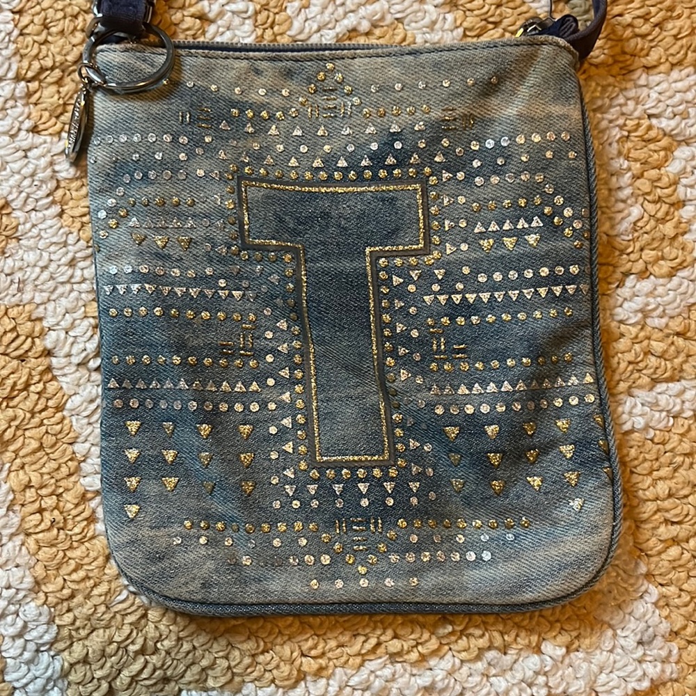 cute justice denim sparkly children’s bag with a “T”
